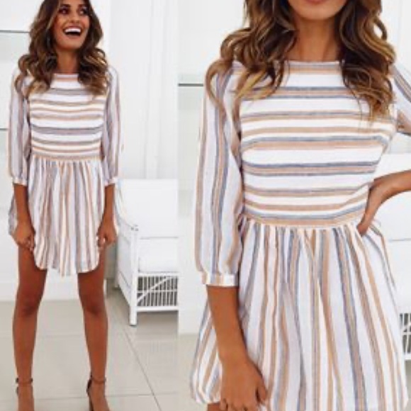 Madewell Striped Mini Dress - White, Blue, Tan - Picture 5 of 12